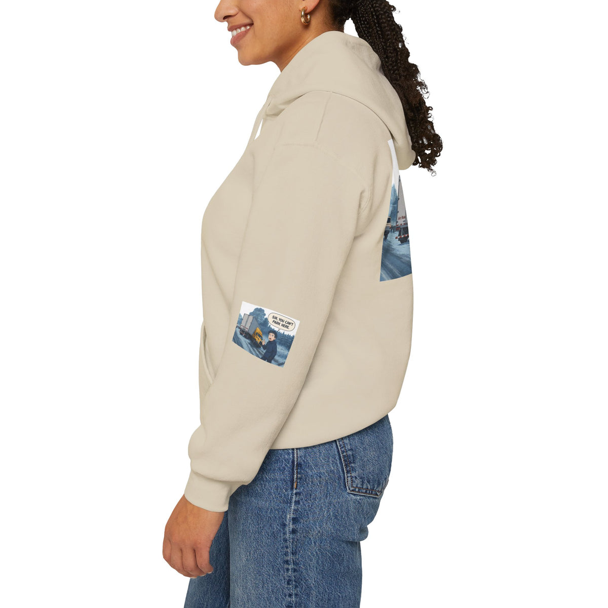 Funny unisex heavy blend hoodie by Printify with "You Can't Park Here" design, showcasing a casual, comfortable sweatshirt.