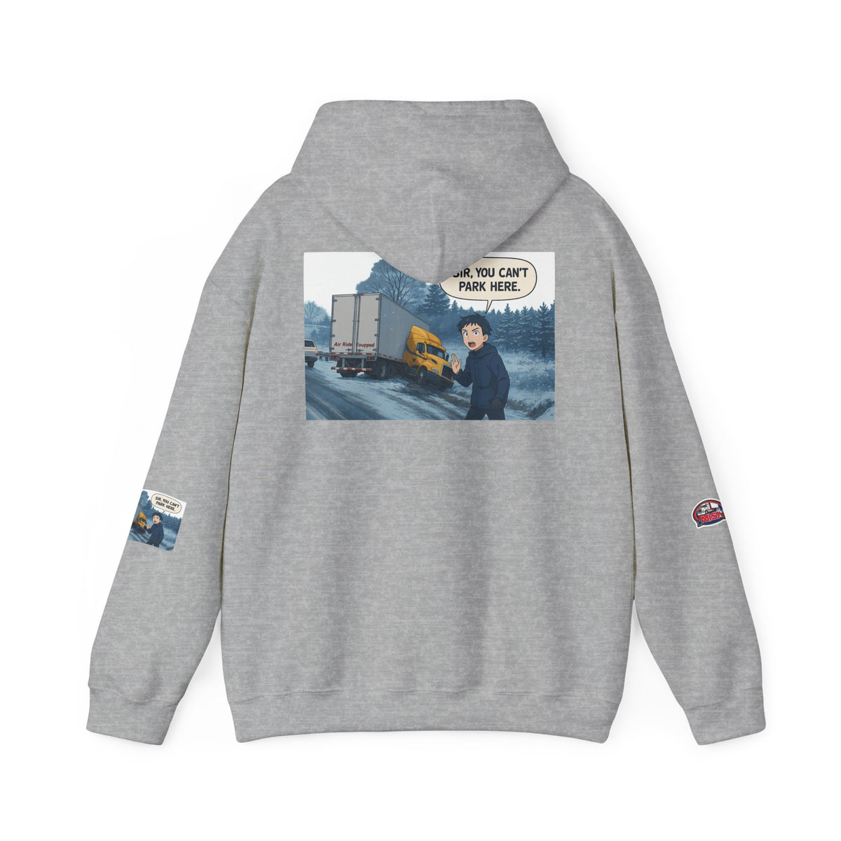 Funny unisex heavy blend hoodie with "You Can't Park Here" design, featuring a casual fit and comfortable hooded sweatshirt style.