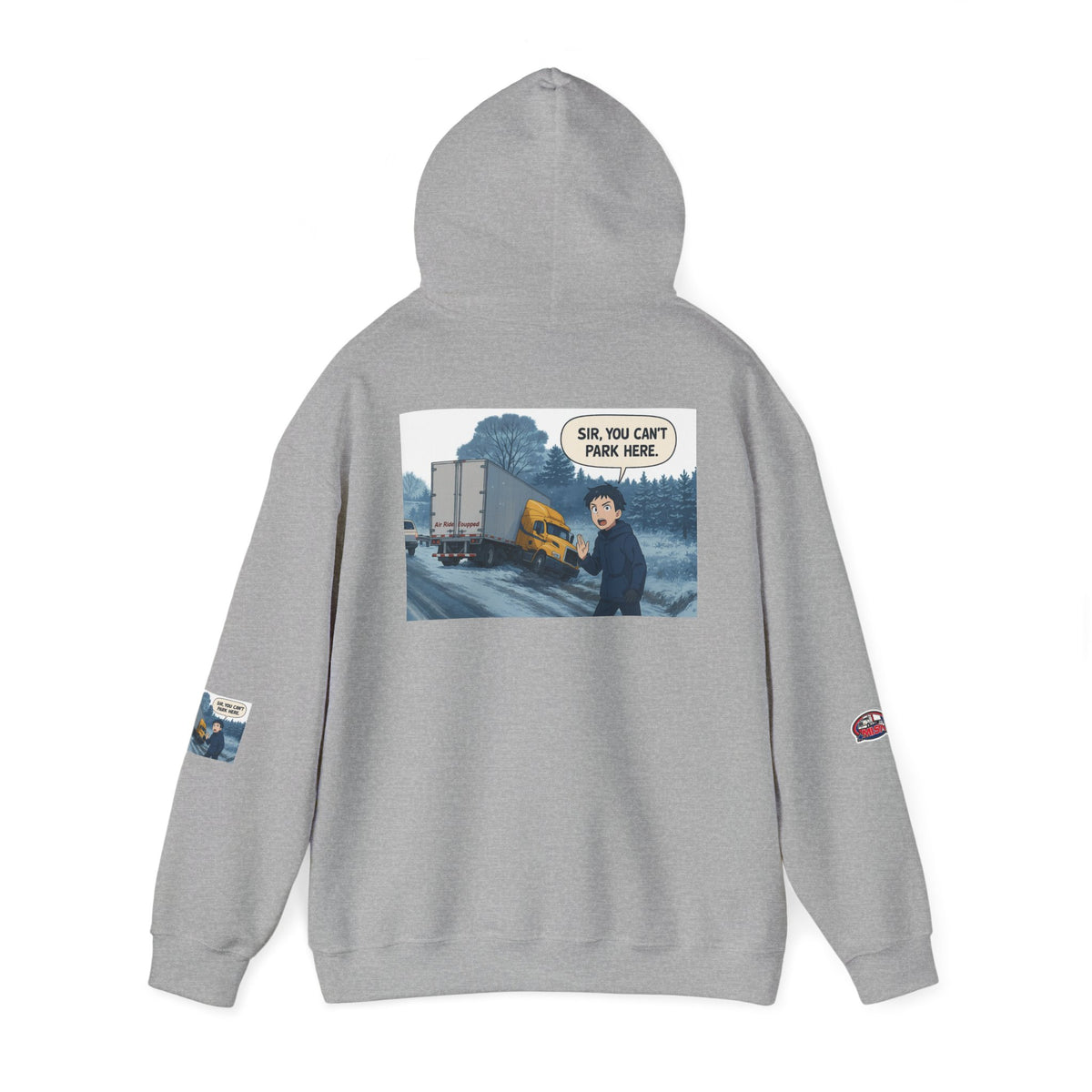 Unisex Ash Heavy Blend hoodie with humorous "You Can't Park Here" print, featuring a hooded sweatshirt design by Printify.