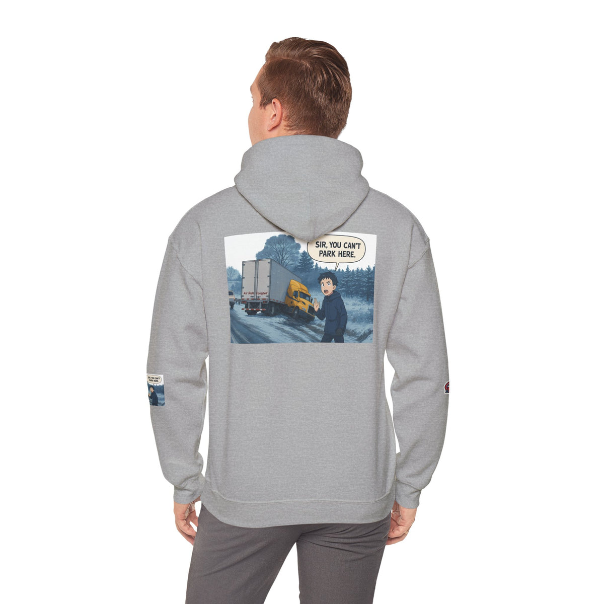 Funny unisex Heavy Blend hoodie with "You Can't Park Here" design, featuring a casual fit and comfortable hooded style.