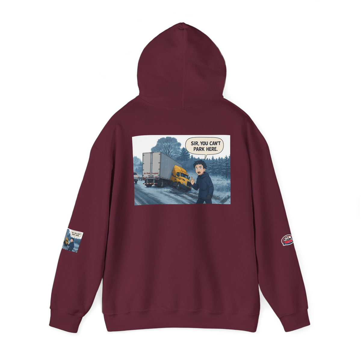 Unisex heavy blend hoodie with "You Can't Park Here" humorous design, in ash color, by Printify.