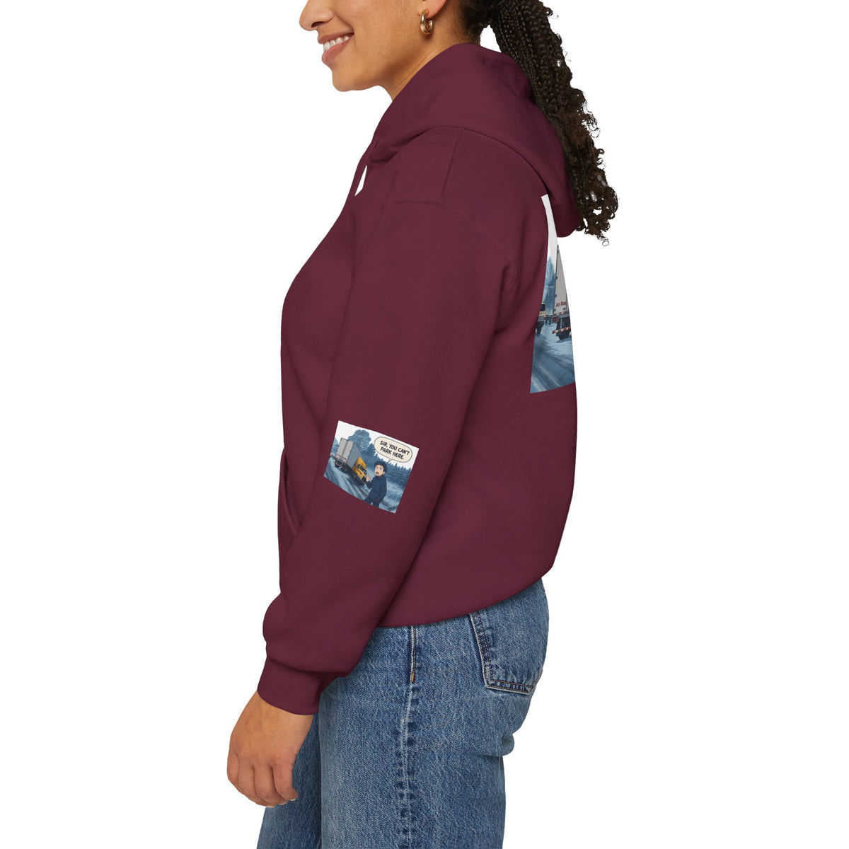 Unisex heavy blend hoodie with "You Can't Park Here" funny design, in ash color, by Printify.