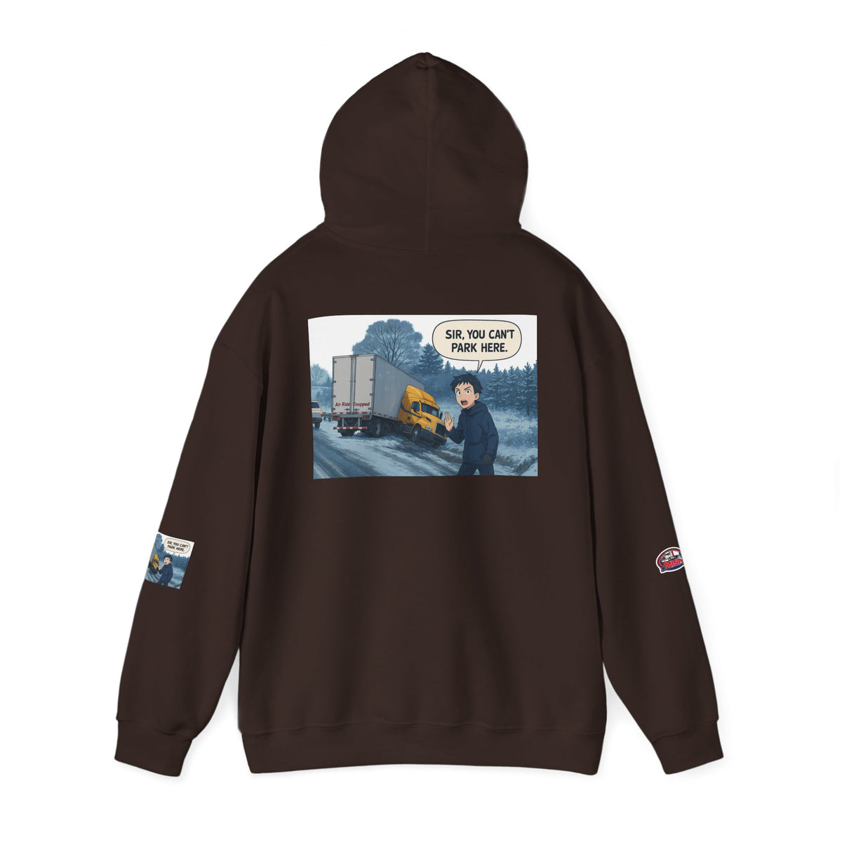 Unisex heavy blend hoodie with "You Can't Park Here" humorous design, by Printify, featuring a gray hooded sweatshirt with funny graphic.