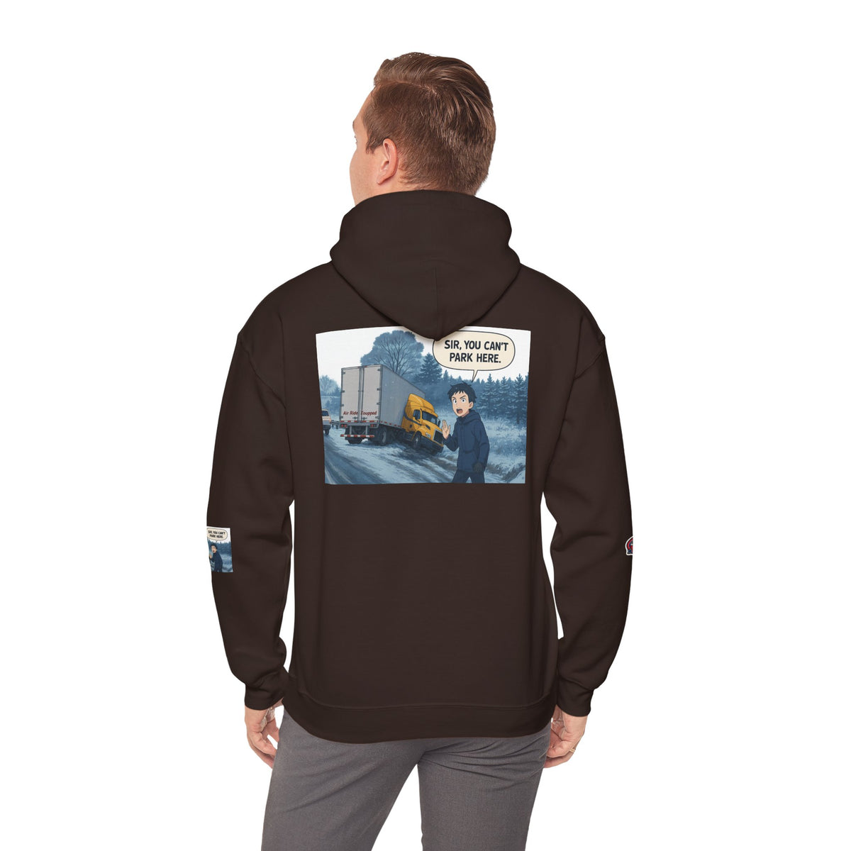 Funny unisex heavy blend hoodie with "You Can't Park Here" design, featuring a comfortable hooded sweatshirt from Printify.