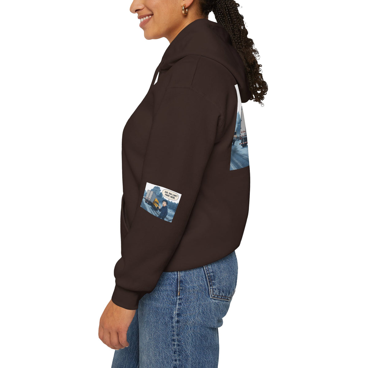 Funny unisex heavy blend hoodie with "You Can't Park Here" design, cozy hooded sweatshirt by Printify in ash color.