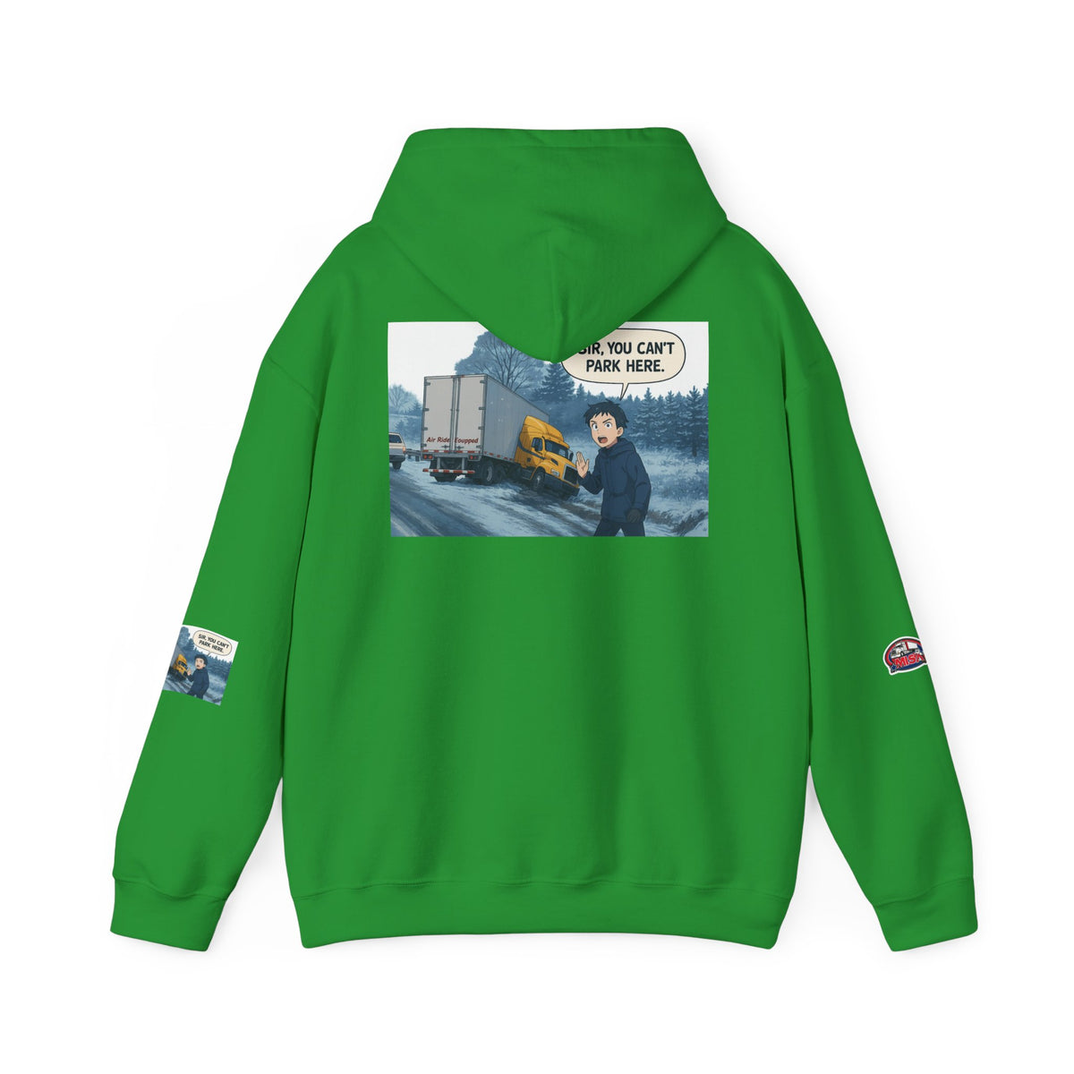 Unisex gray heavy blend hoodie with humorous "You Can't Park Here" print, featuring a hood and casual fit from Printify.