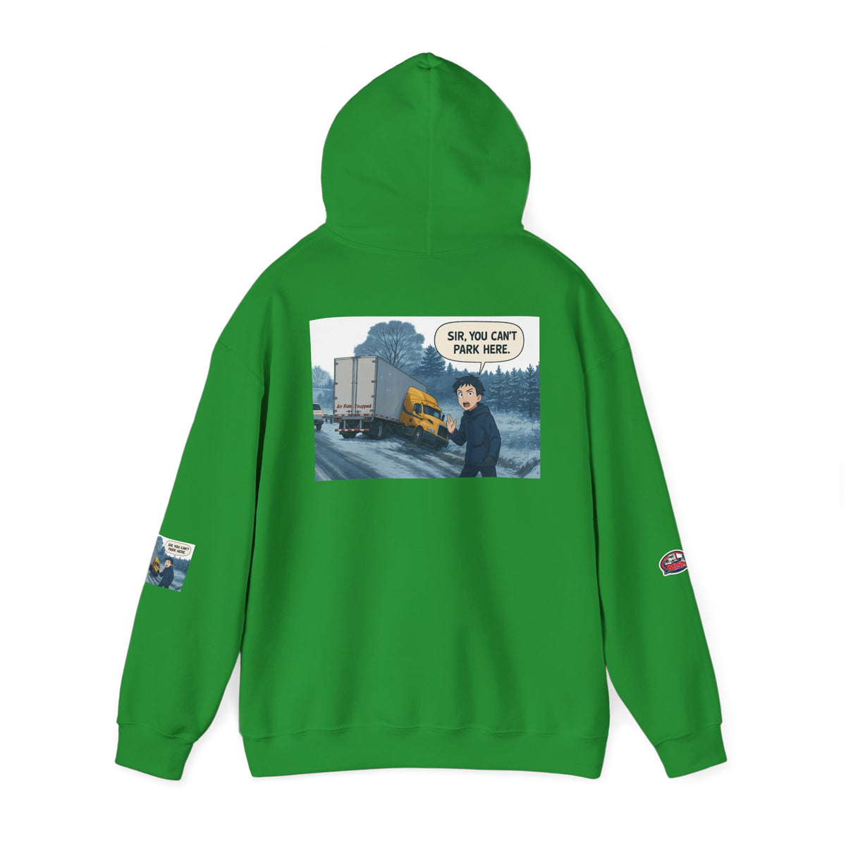 Unisex gray heavy blend hoodie with humorous "You Can't Park Here" print, casual style, from Printify.
