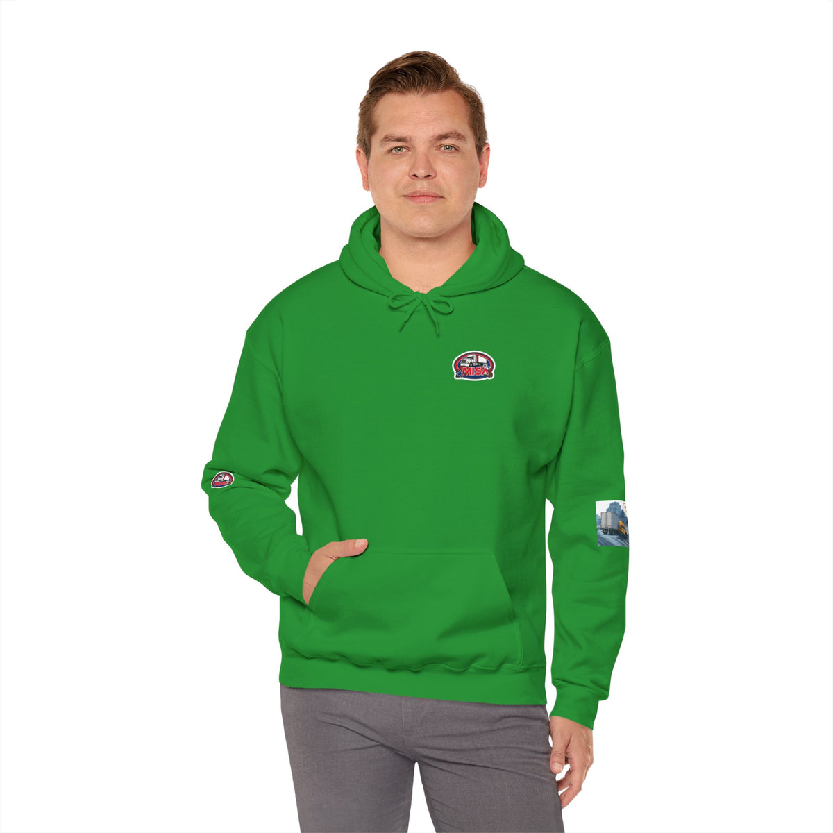 Funny unisex heavy blend hoodie with "You Can't Park Here" design, made by Printify, showing the graphic on the front.