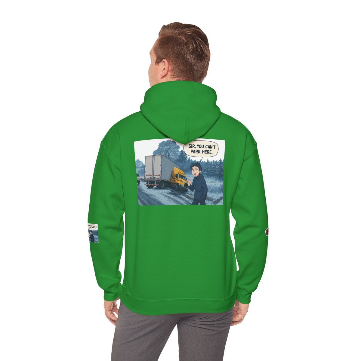 Unisex heavy blend hoodie with "You Can't Park Here" humorous design, in ash color, by Printify.