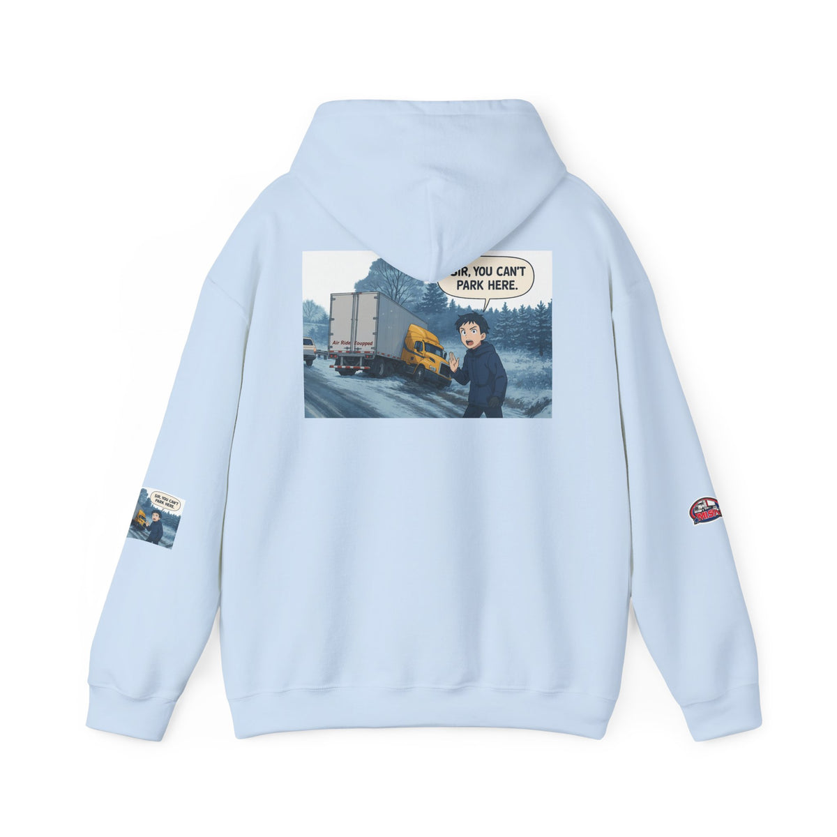Funny unisex heavy blend hoodie with "You Can't Park Here" design, casual sweatshirt by Printify featuring a humorous print.