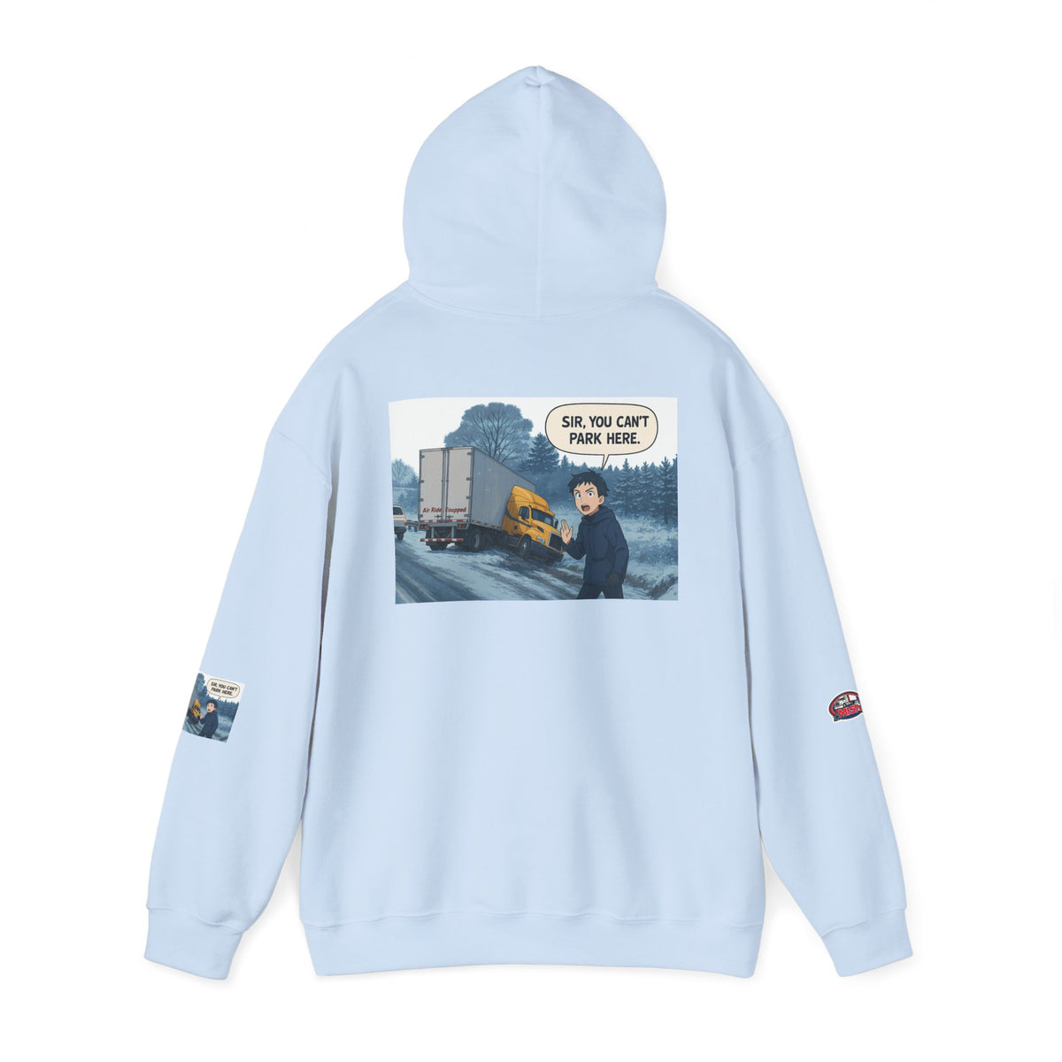 Unisex Heavy Blend hoodie with "You Can't Park Here" funny design, made by Printify, in ash color with hood and front print.