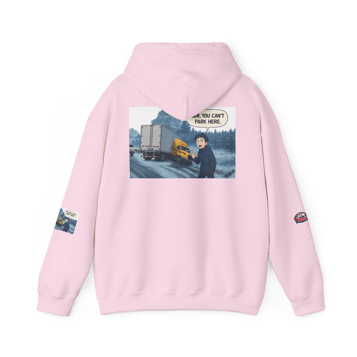 Unisex gray Heavy Blend hoodie by Printify featuring a humorous "You Can't Park Here" design on the front.