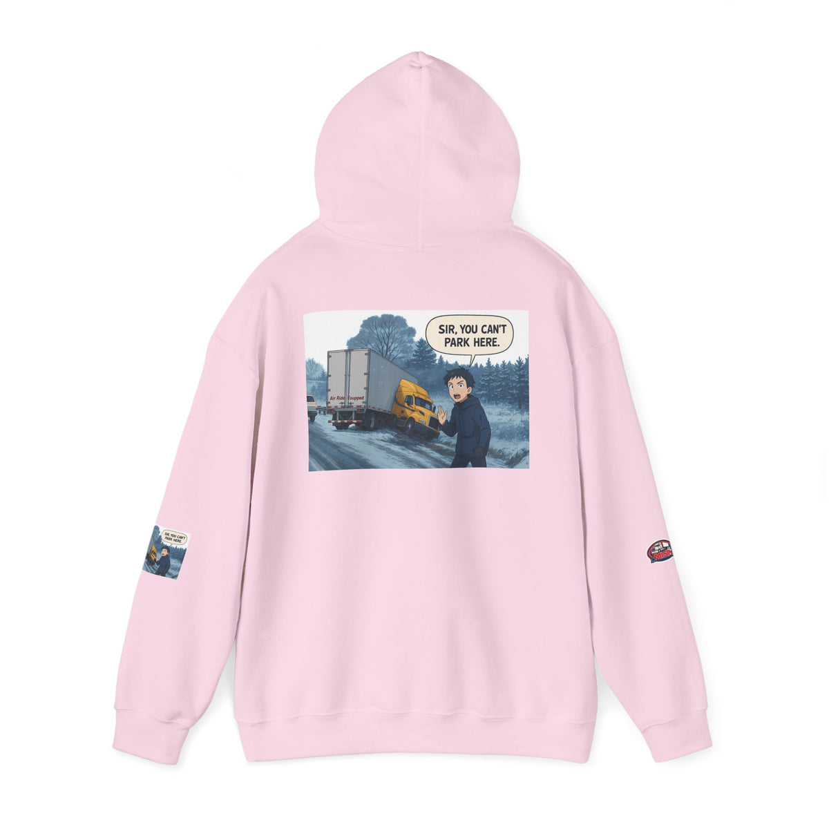 Unisex Heavy Blend™ hoodie with "You Can't Park Here" funny design, featuring a hood and casual fit in ash color.