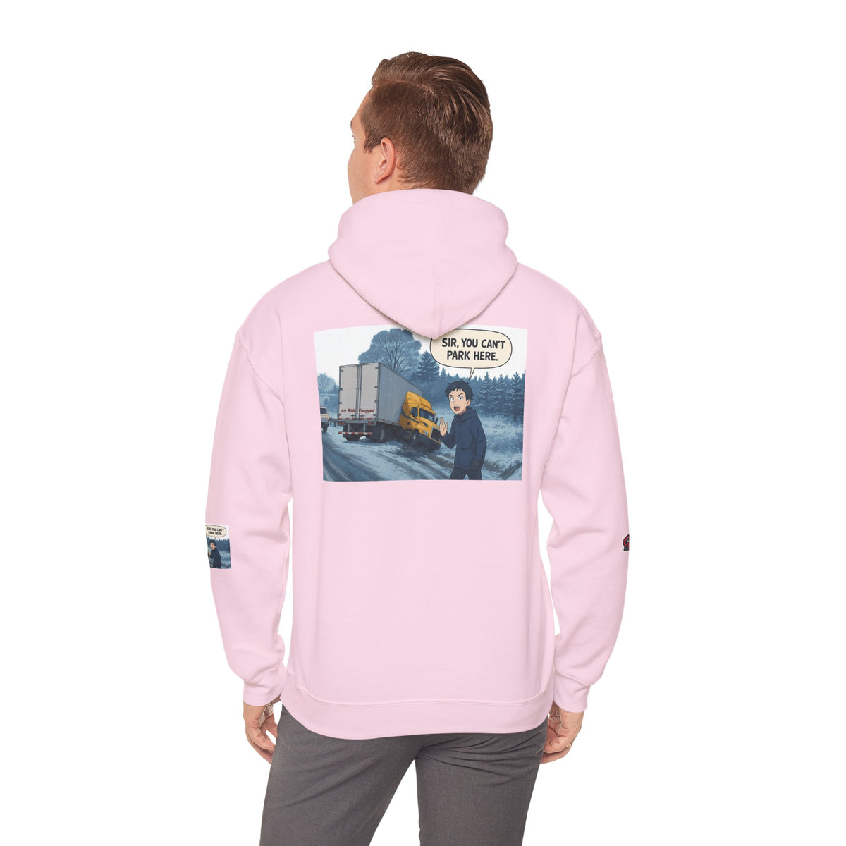 Unisex Heavy Blend hoodie by Printify with humorous "You Can't Park Here" graphic in gray, casual sweatshirt for men and women.