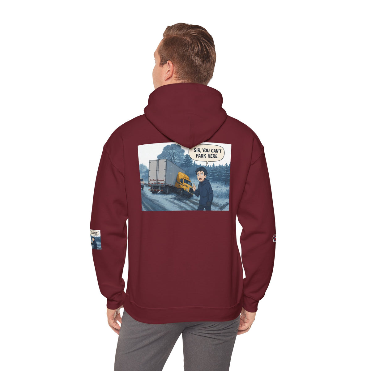 Unisex heavy blend hoodie with "You Can't Park Here" funny design, in ash color, from Printify.