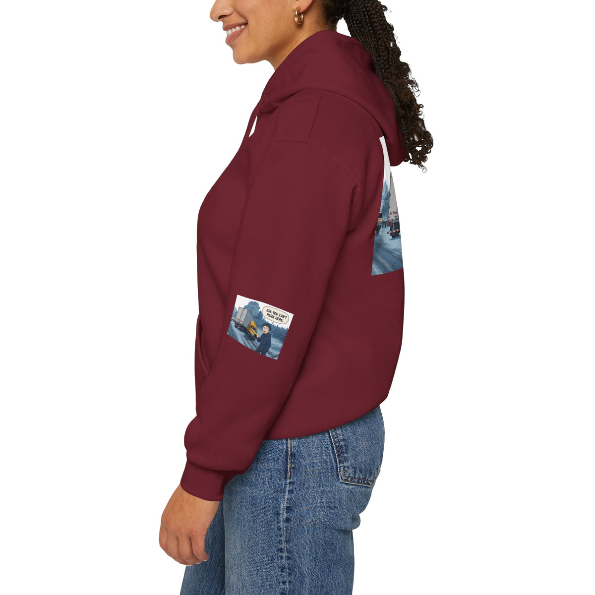 Unisex heavy blend hoodie by Printify with humorous "You Can't Park Here" design on ash-colored fabric.