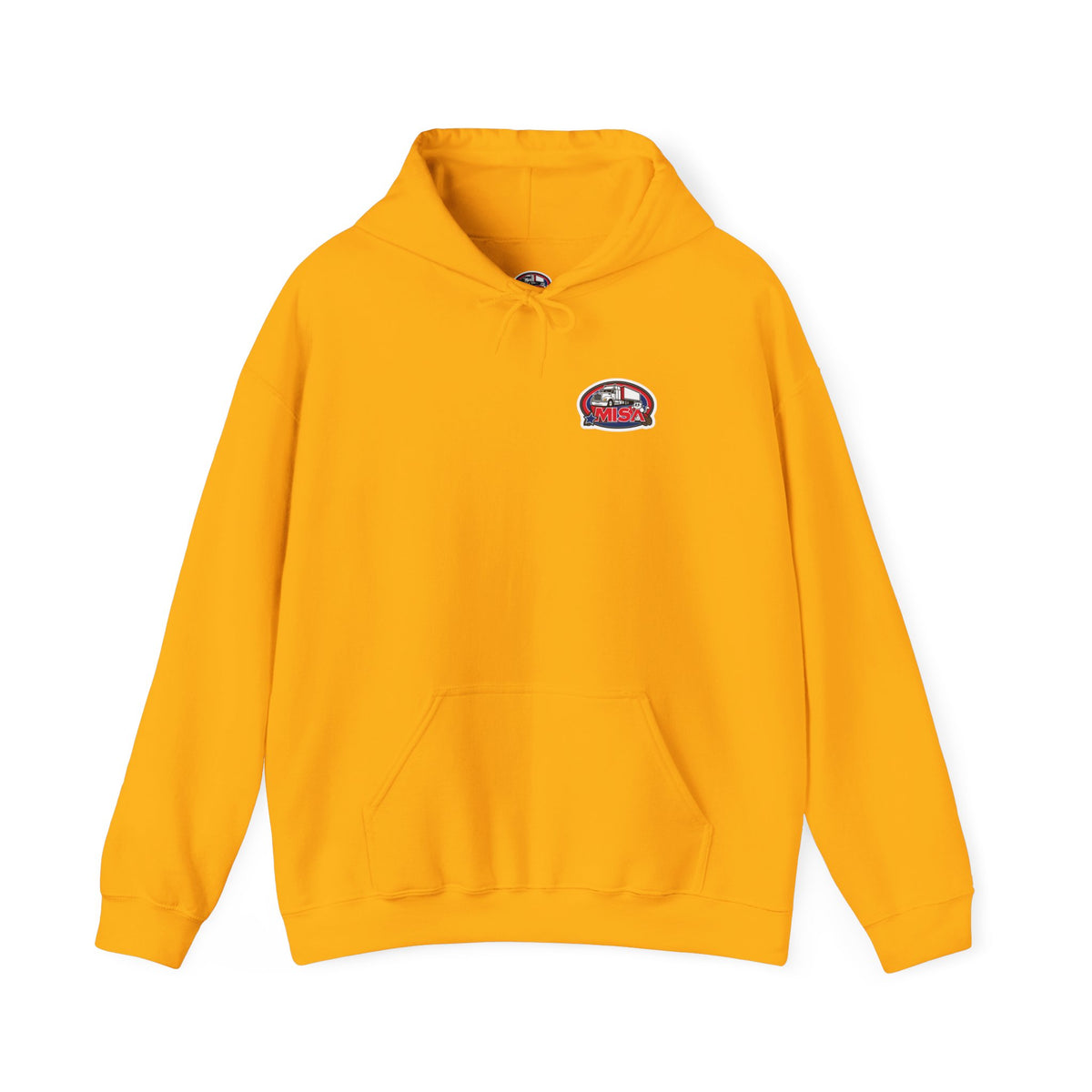 Unisex Heavy Blend™ Hoodie by Printify featuring the Misa vintage design, in ash color, with a hood and front pocket for casual style.
