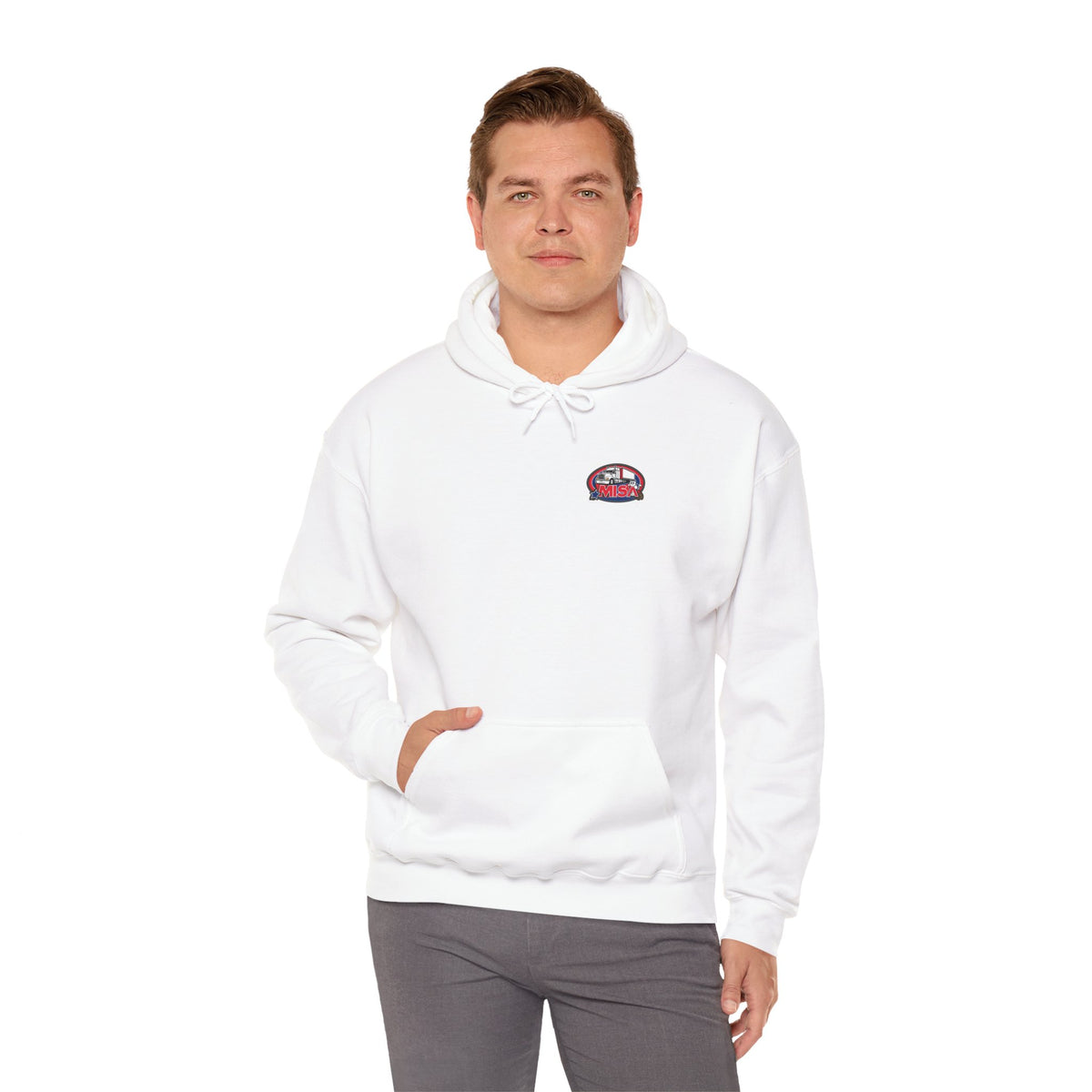 Unisex Heavy Blend™ Hoodie by Printify featuring the Misa vintage design, in ash color, showcasing its comfortable fit and stylish print.