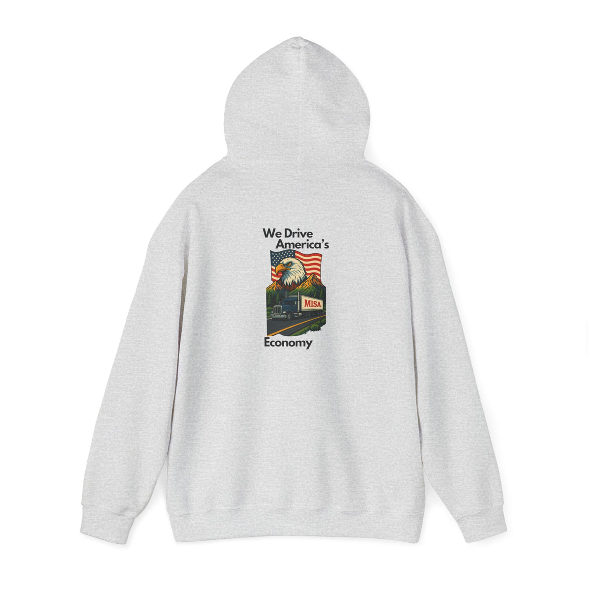 Unisex heavy blend hoodie with vintage Misa design, featuring a hood and front pocket, in ash gray color.