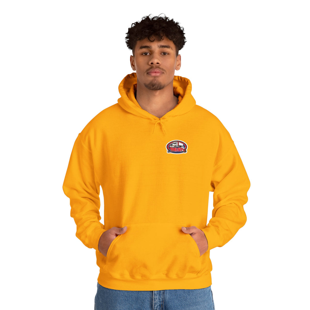 Unisex Heavy Blend™ Hoodie by Printify featuring the Misa vintage design, shown in ash color with a hood and comfortable fit.