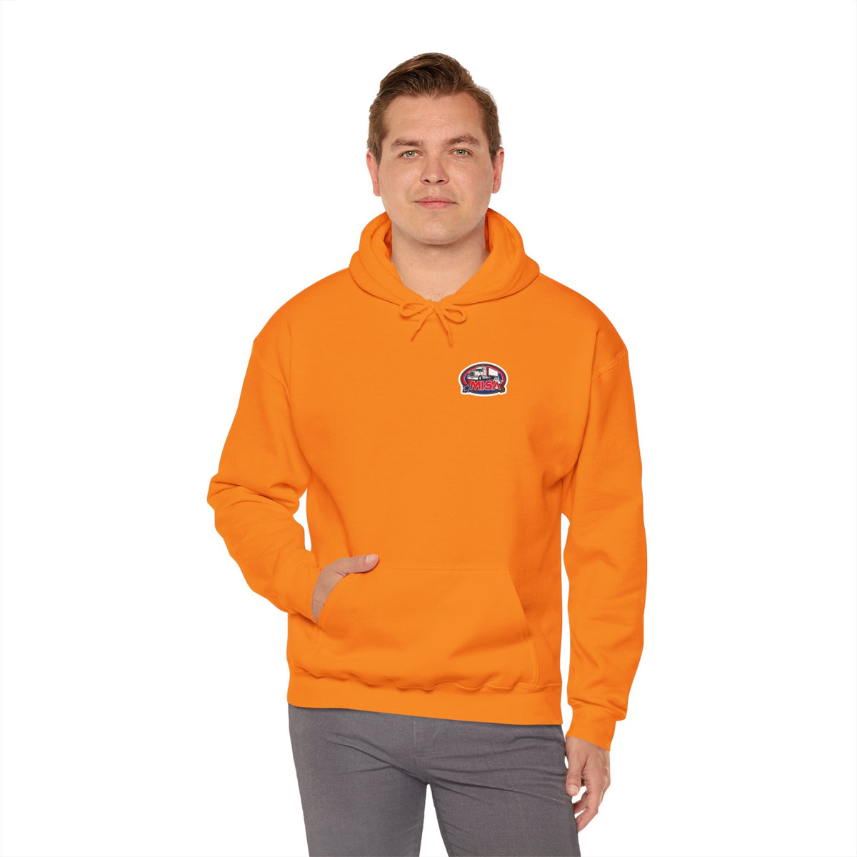 Unisex Heavy Blend hoodie by Printify featuring a vintage Misa design in ash color, showcasing its comfortable fit and stylish look.