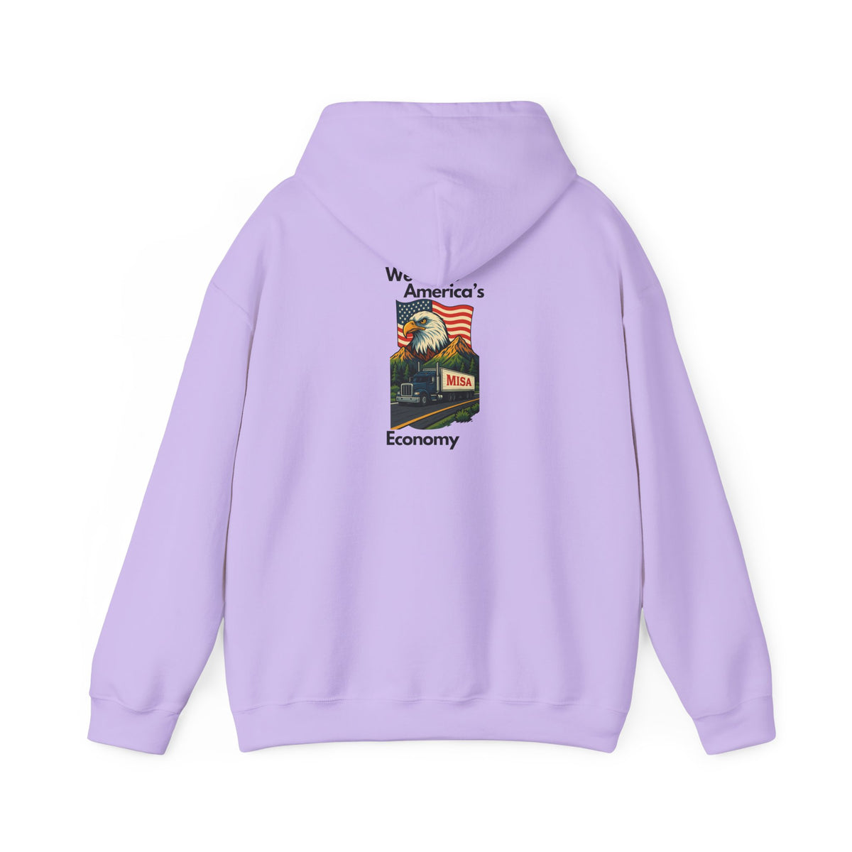 Unisex Heavy Blend™ Hoodie with Misa vintage design, featuring a hood, front pocket, and casual style in ash color.