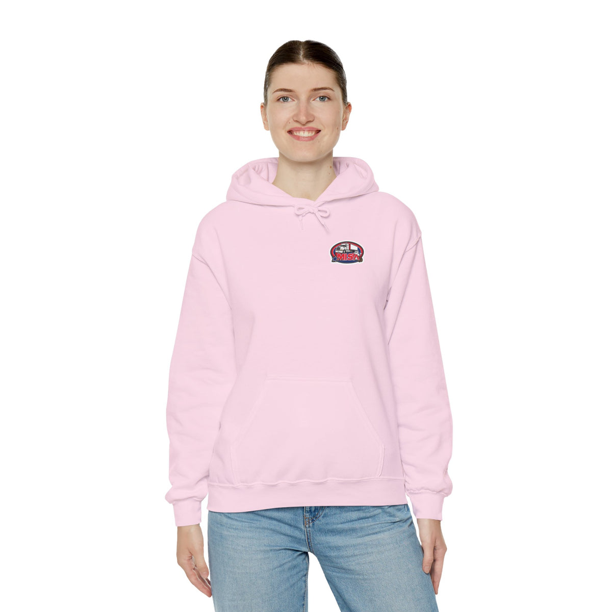 Unisex Heavy Blend™ Hoodie by Printify featuring the Misa vintage design in ash color, showcasing a comfortable, stylish hooded sweatshirt.