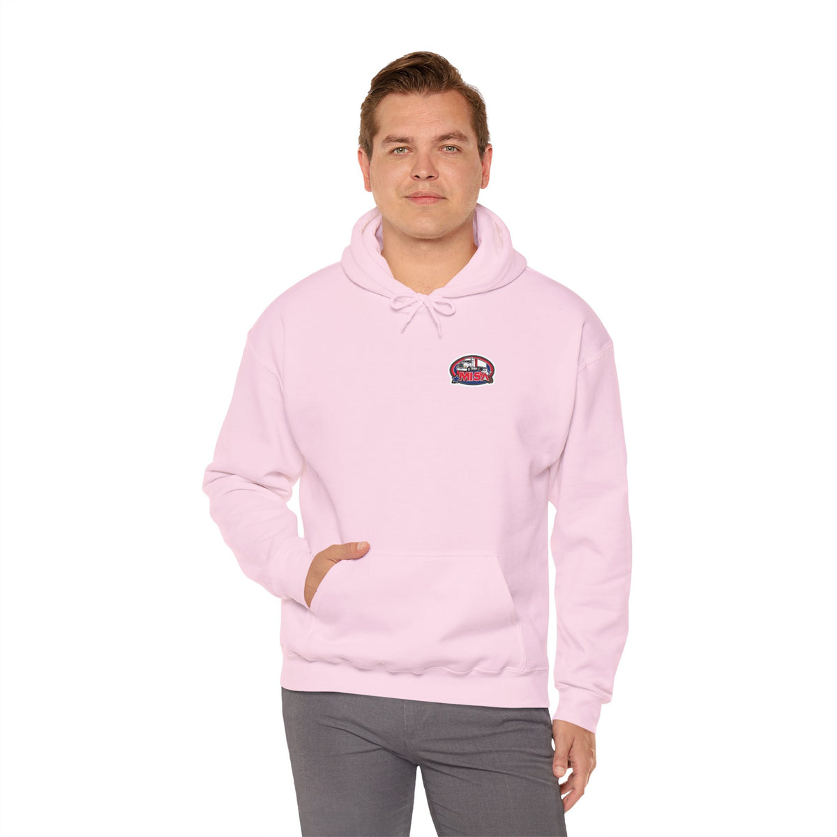 Unisex heavy blend hoodie by Printify featuring a vintage Misa design in ash gray, with a hood and comfortable fit.