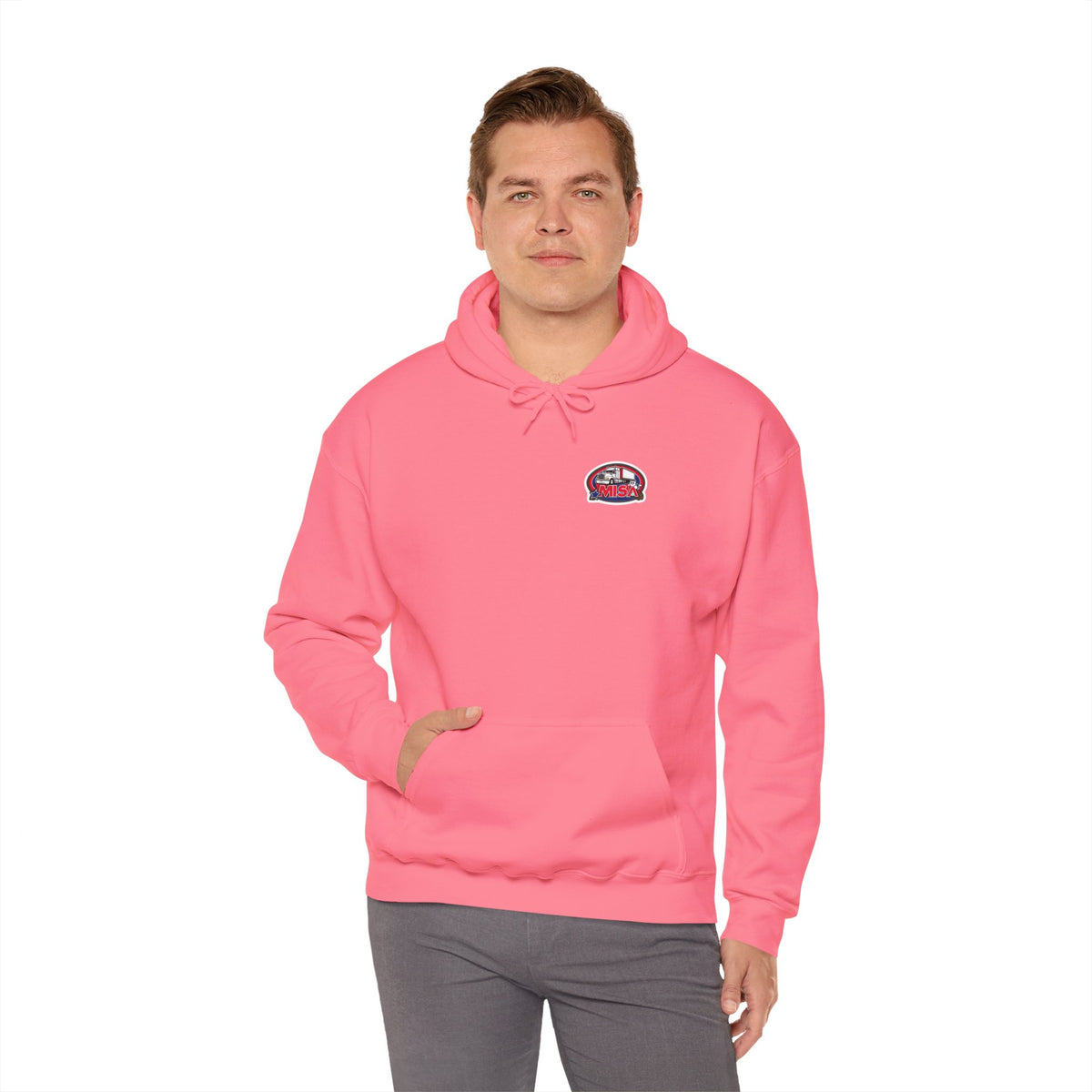 Unisex Heavy Blend™ hoodie by Printify featuring a vintage Misa design in ash color, displayed on a flat surface.