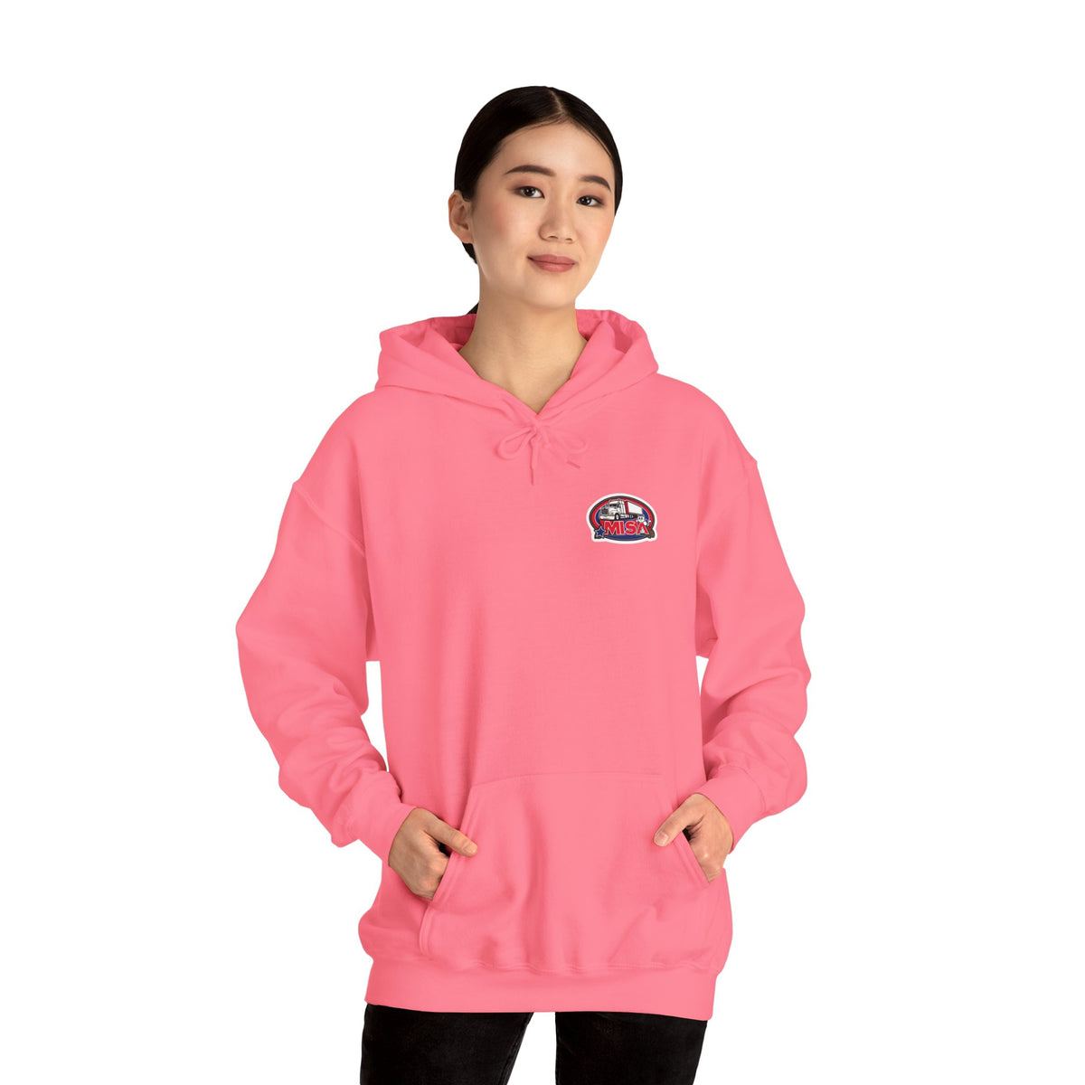 Unisex Heavy Blend™ hoodie with vintage Misa design in ash color, showcasing a comfortable hooded sweatshirt with stylish print.