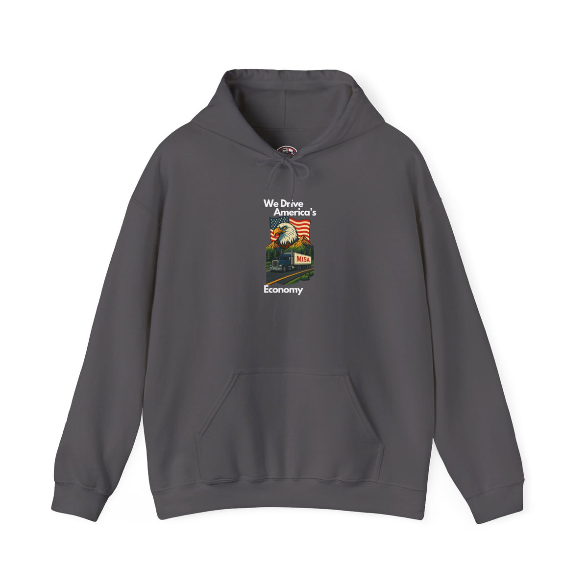 Unisex vintage flag hoodie by Printify in dark heather, featuring bold flag design and comfortable heavy blend sweatshirt fabric.