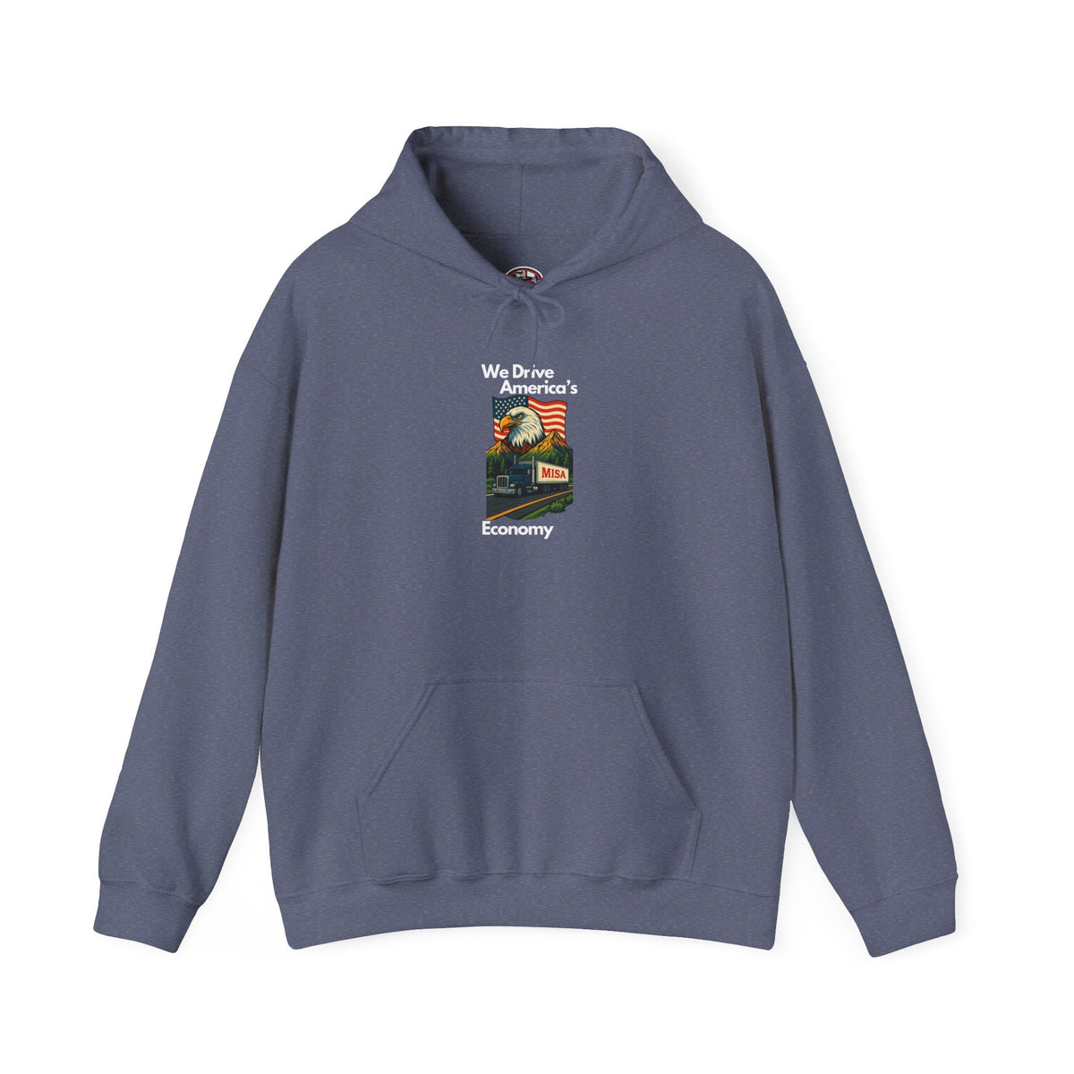 Unisex heavy blend hoodie with vintage flag design, featuring "We Drive" text, in dark heather color by Printify.
