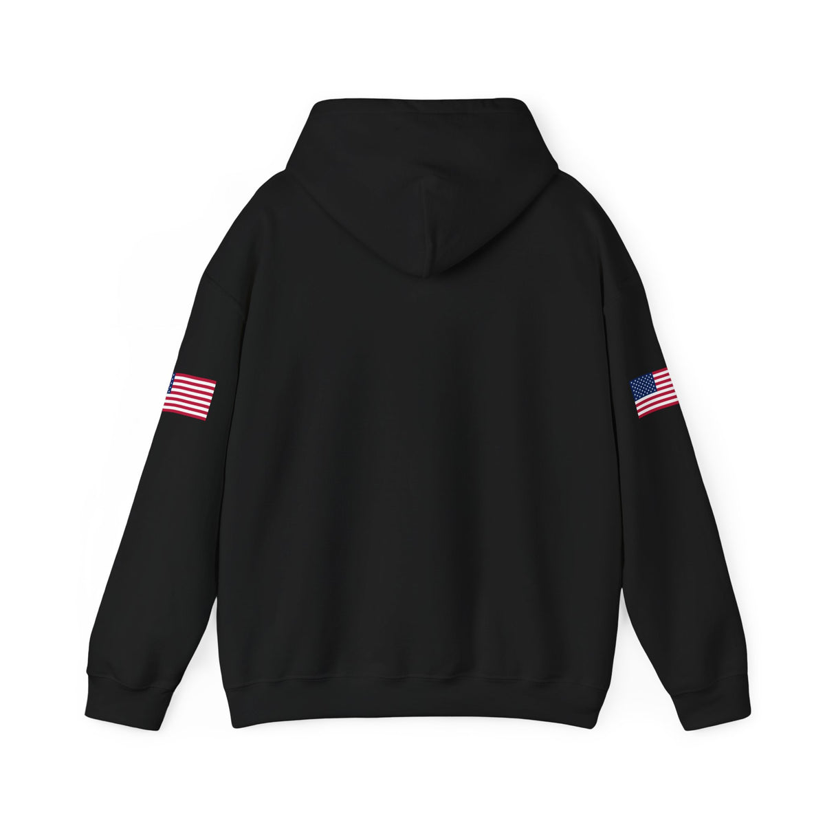 Dark heather hoodie with "Make Trucking Great Again" print, American flag sleeves, and semi-truck graphic, casual trucker sweatshirt.