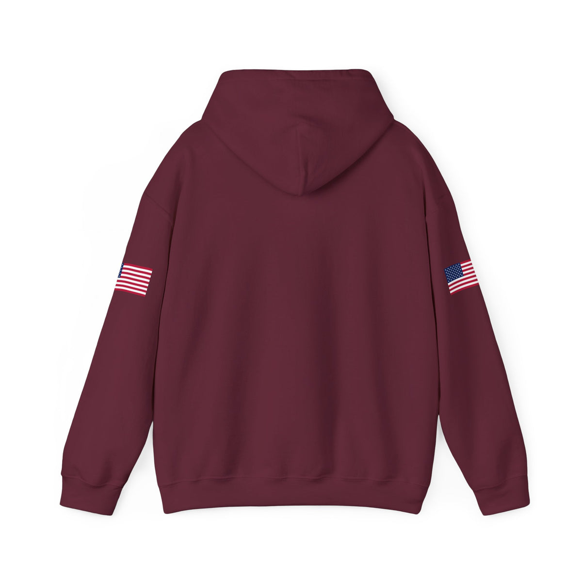 Dark heather hoodie with "Make Trucking Great Again" slogan, American flag sleeves, and semi-truck graphic, by Printify.