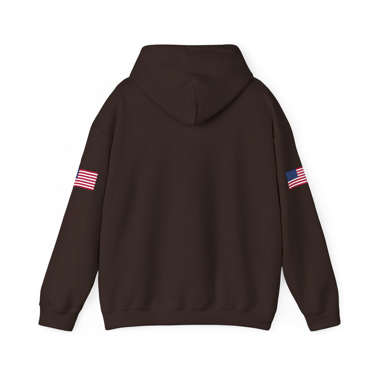 Dark heather hoodie with "Make Trucking Great Again" print, American flag sleeves, and a semi-truck graphic, by Printify.