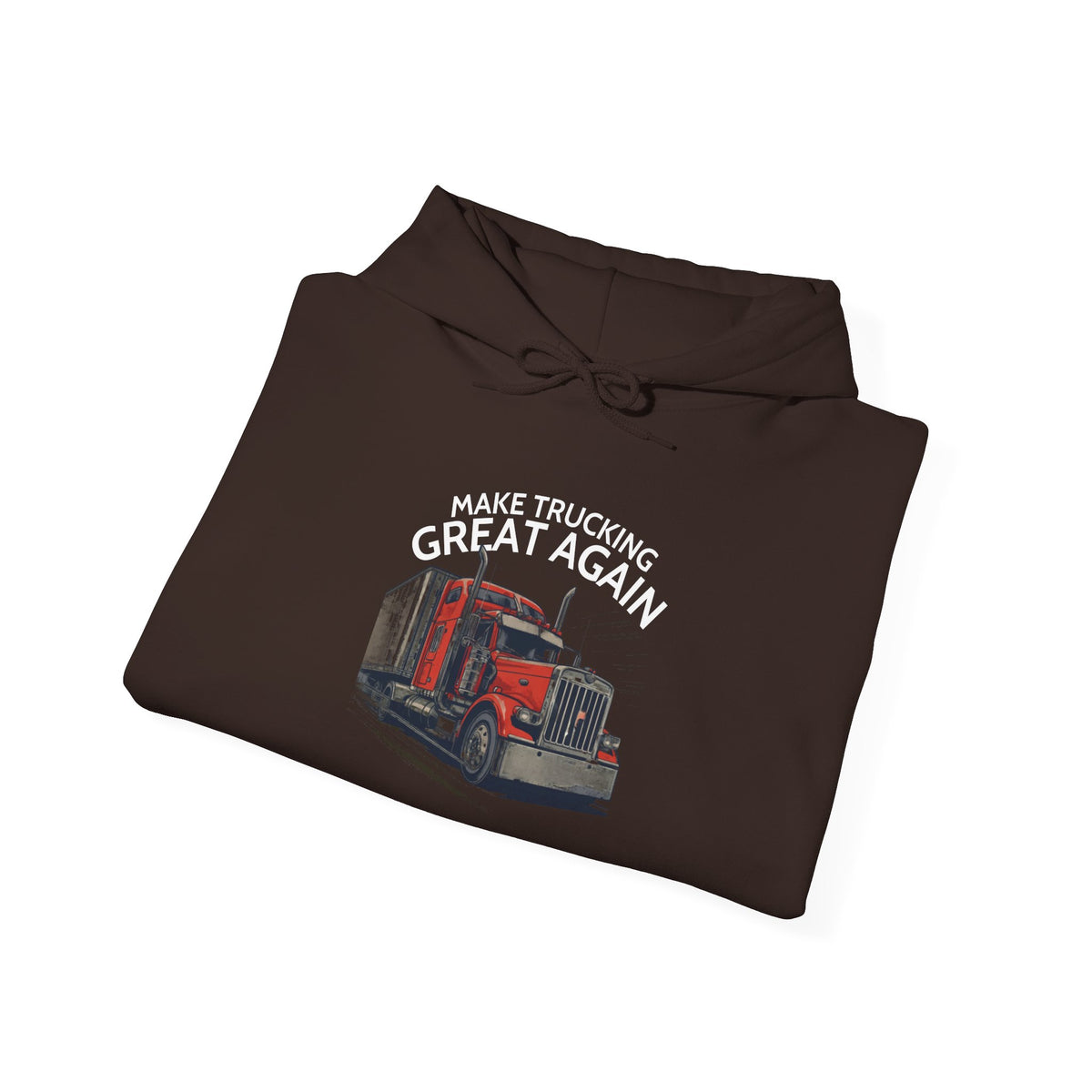 Dark heather hoodie with American flag sleeves featuring a trucking-themed design and a semi-truck graphic on the front.