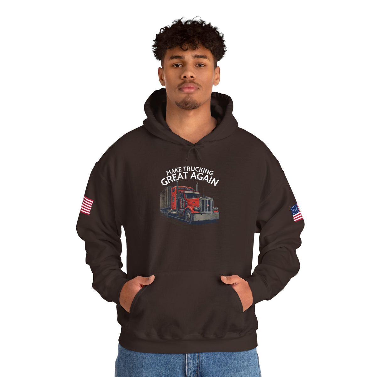 Dark heather hoodie with "Make Trucking Great Again" print, American flag sleeves, and semi-truck graphic on the front.