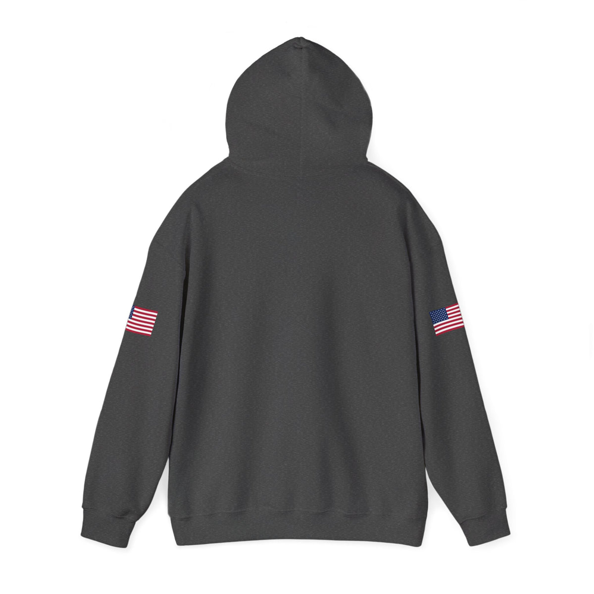 Dark heather hoodie with "Make Trucking Great Again" print, American flag sleeves, and semi-truck graphic, casual trucker sweatshirt.