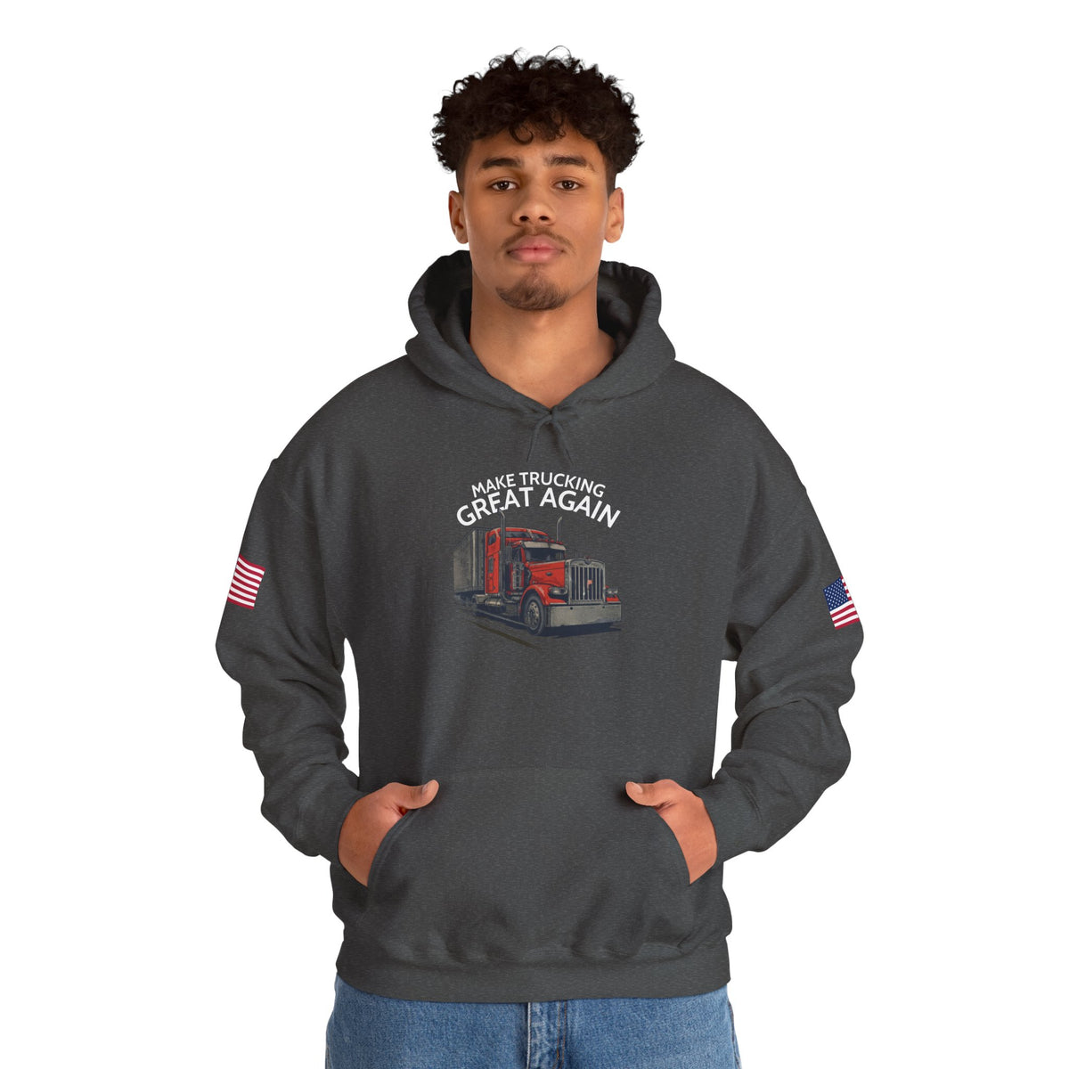 Dark heather hoodie with American flag sleeves featuring a trucker semi truck graphic, casual sweatshirt style.