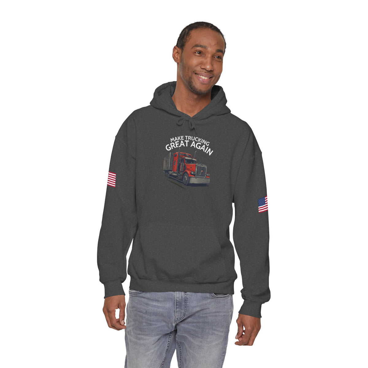 Dark heather hoodie with "Make Trucking Great Again" text, American flag sleeves, and semi-truck graphic.