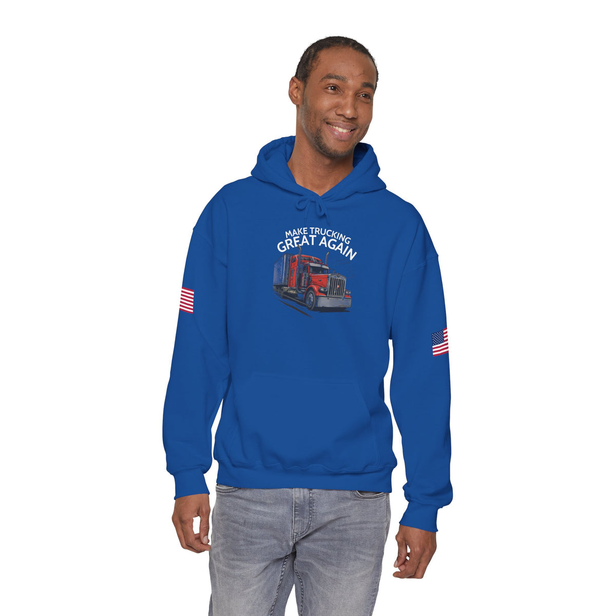 Dark heather hoodie with American flag sleeves featuring a trucking-themed design and a semi-truck graphic, by Printify.