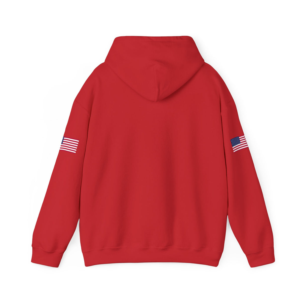 Dark heather hoodie with "Make Trucking Great Again" slogan, American flag sleeves, and semi-truck graphic, by Printify.