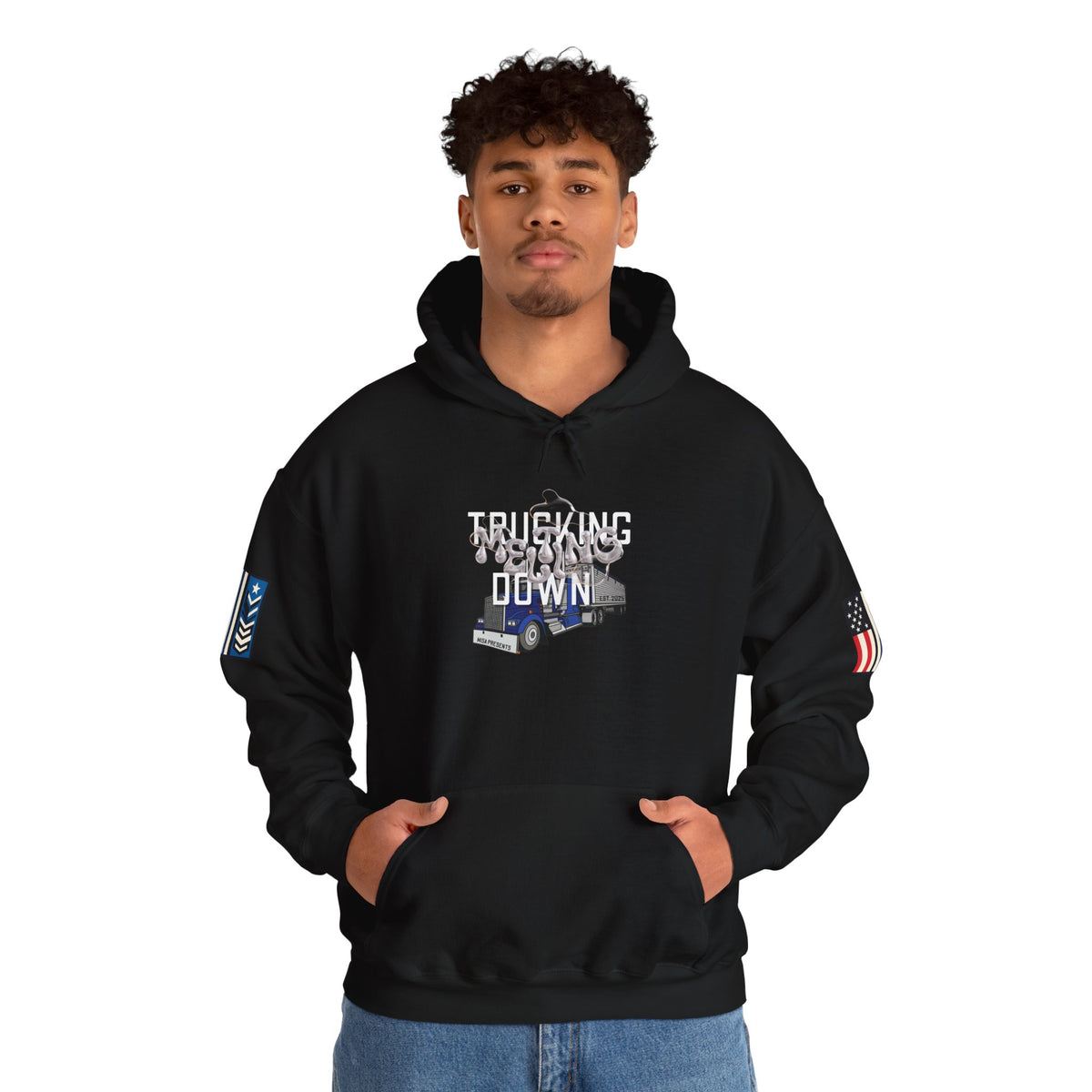 Dark heather trucking meltdown hoodie for truckers and freight brokers by Printify, featuring a comfortable, casual fit.