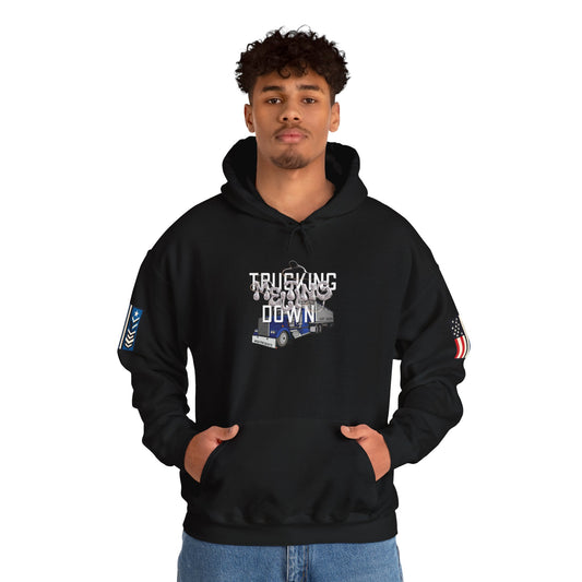 Dark heather trucking meltdown hoodie for truckers and freight brokers by Printify, featuring a comfortable, casual fit.