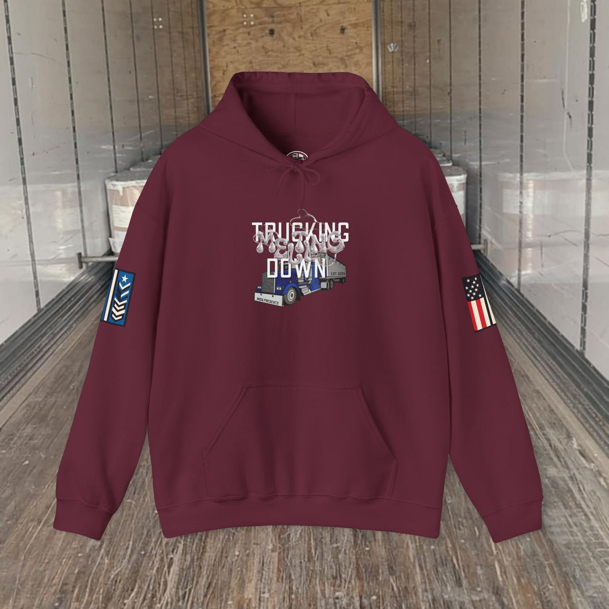 Dark heather trucking meltdown hoodie for truckers and freight brokers, featuring a comfortable pullover design by Printify.