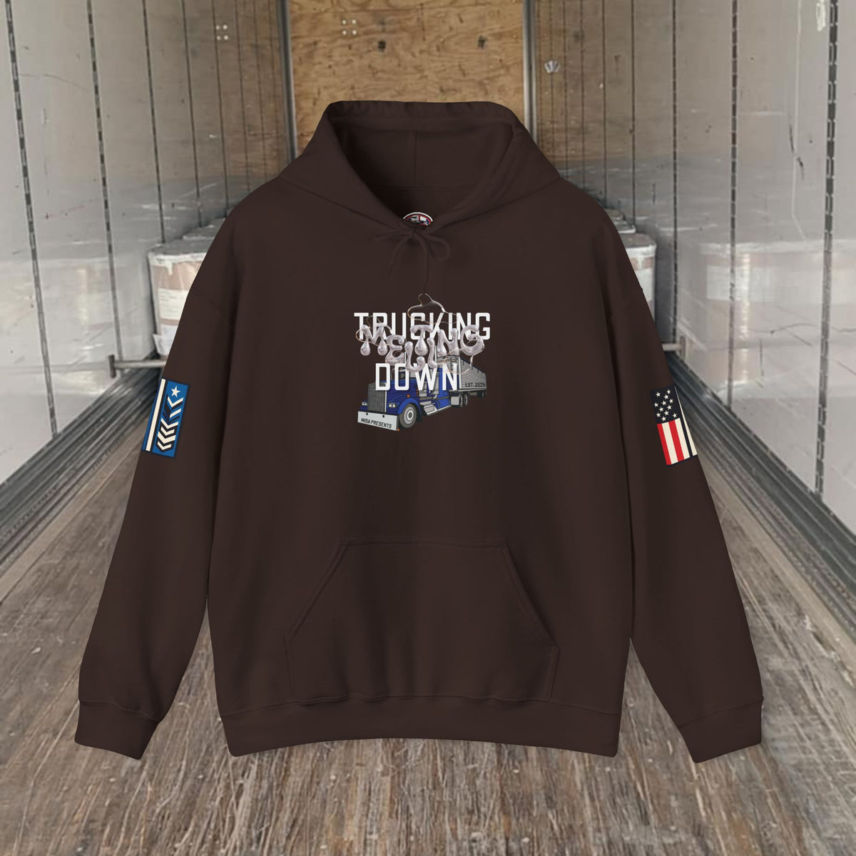 Dark heather trucking meltdown hoodie by Printify, featuring bold trucker and freight broker-themed design on a comfortable hoodie.