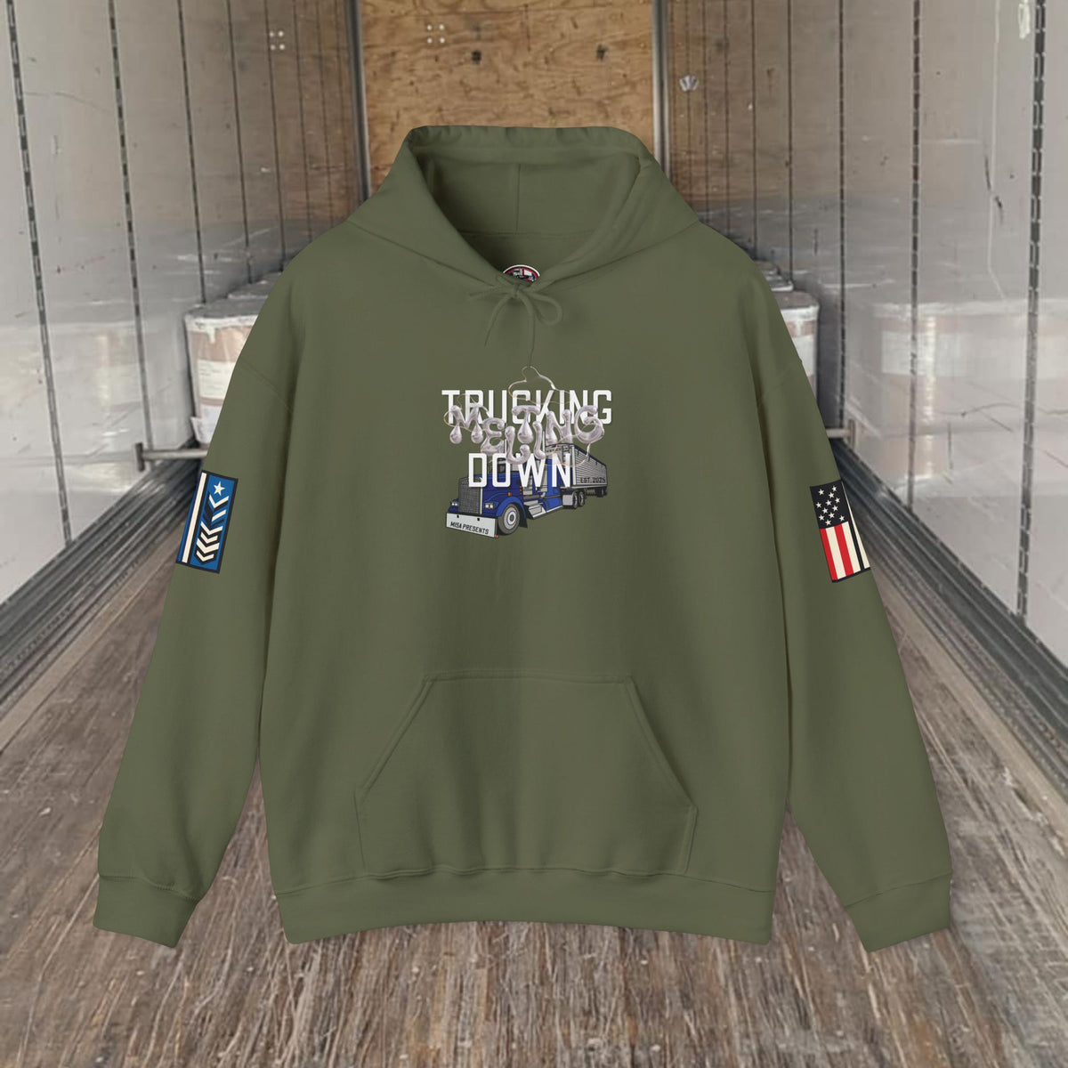 Dark heather trucking meltdown hoodie for truckers and freight brokers, featuring a comfortable fit and printed design.