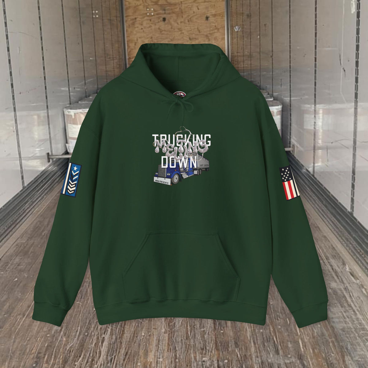 Dark heather hoodie by Printify featuring trucking meltdown design, ideal for truckers and freight brokers.