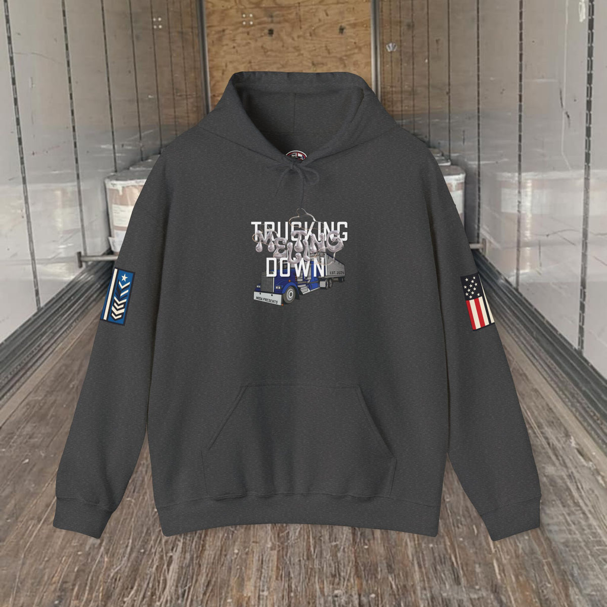 Dark heather trucking meltdown hoodie by Printify featuring trucker and freight broker graphics, casual fleece hoodie for truck drivers.