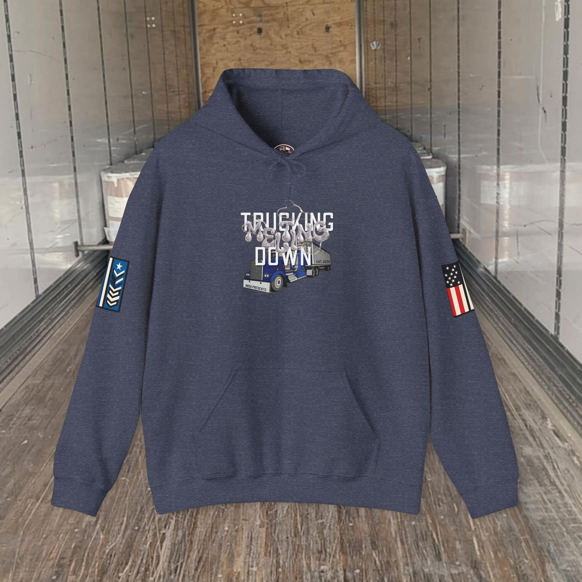 Dark heather trucking meltdown hoodie by Printify, featuring bold trucker and freight broker graphic design.